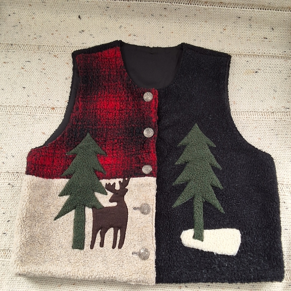Cozy Red and Black Vest with Tree and Deer Design
